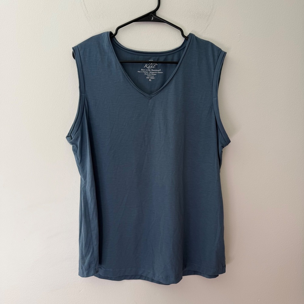 Kuhl XL Blue Gray V-Neck Sleeveless Activewear Top Recycled Polyester Stretch